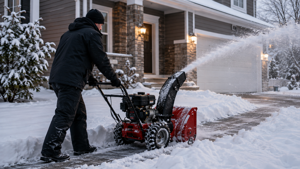 A technician in winter gear operates a red snow blower, efficiently clearing accumulated snow from a residential driveway in front of a home. The machine directs cleared snow neatly to the side, ensuring safe and accessible pathways amid heavy surrounding snowfall. - Snow Removal Indianapolis