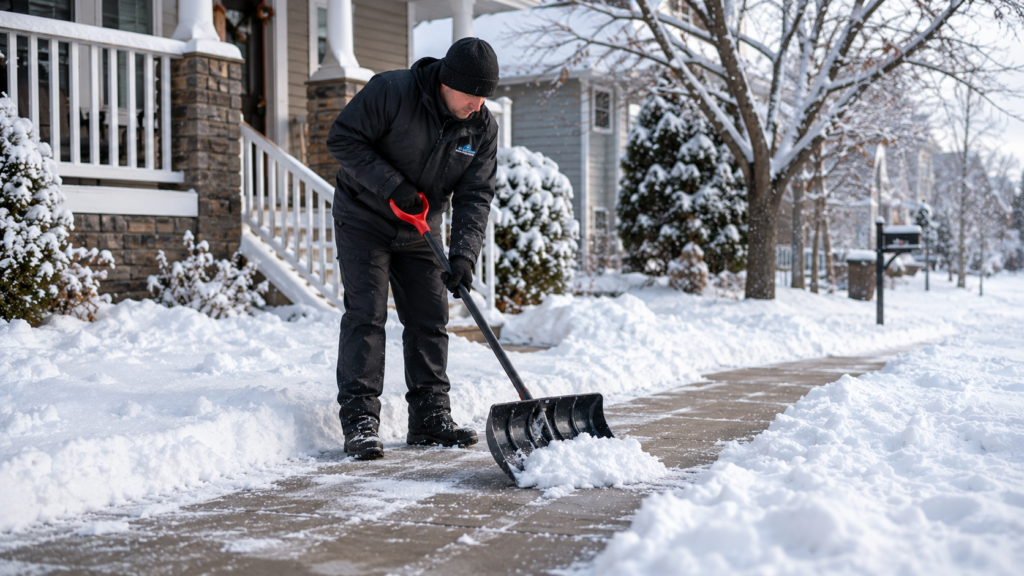 A team member, properly outfitted for winter conditions, efficiently removes snow from a residential sidewalk using a shovel. Snow thoroughly blankets the ground, trees, and rooftops in the area under clear, bright skies. - Snow Removal Indianapolis