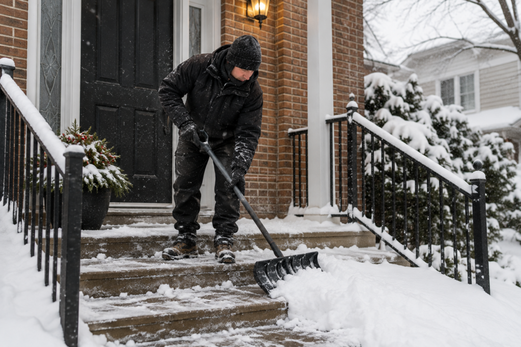 Snow removal in progress: a worker dressed for winter is shoveling the front steps of a brick residential home, efficiently clearing accumulated snow from stairs, railings, and surrounding bushes in a neighborhood setting. - Snow Removal Indianapolis