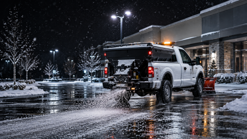 Our white pickup truck, fully outfitted with plows and a salt spreader, is at work salting a snow-blanketed parking lot outside a row of stores late at night. Snow continues to fall steadily as streetlights provide the necessary illumination for our team to ensure safe and accessible conditions. - Snow Removal Indianapolis