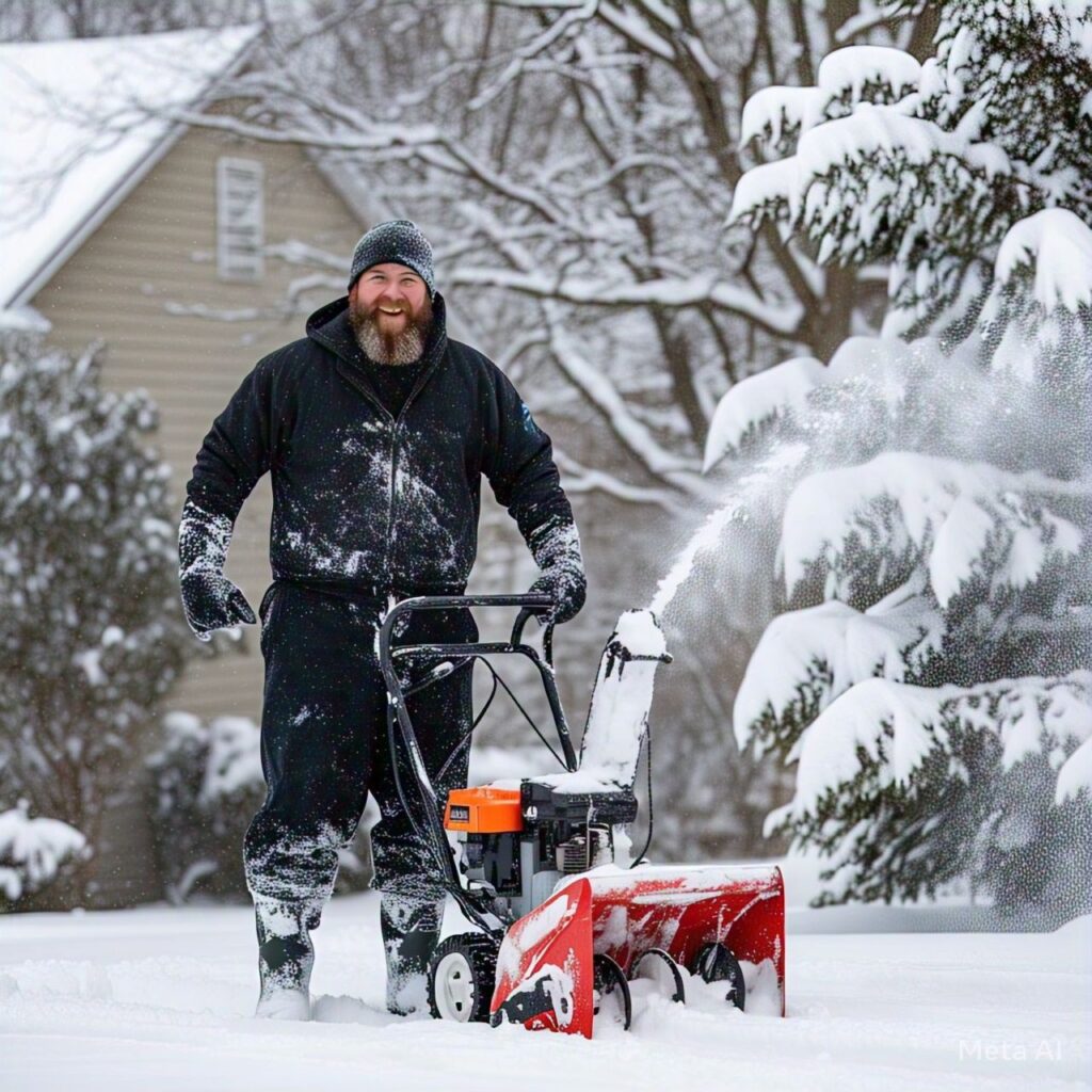 A professional operator dressed in black winter gear efficiently removes snow from a yard using a red snow blower, ensuring clear walkways as fresh snow falls. Trees and a house can be seen in the background, highlighting thorough residential service despite ongoing snowfall. - Snow Removal Indianapolis