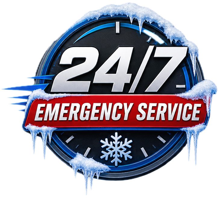 A round, clock-style logo edged with snow and icicles displays “24/7 Emergency Service” in bold letters, featuring a snowflake at the bottom—showcasing nonstop availability for urgent snow removal or winter weather issues. - Snow Removal Indianapolis