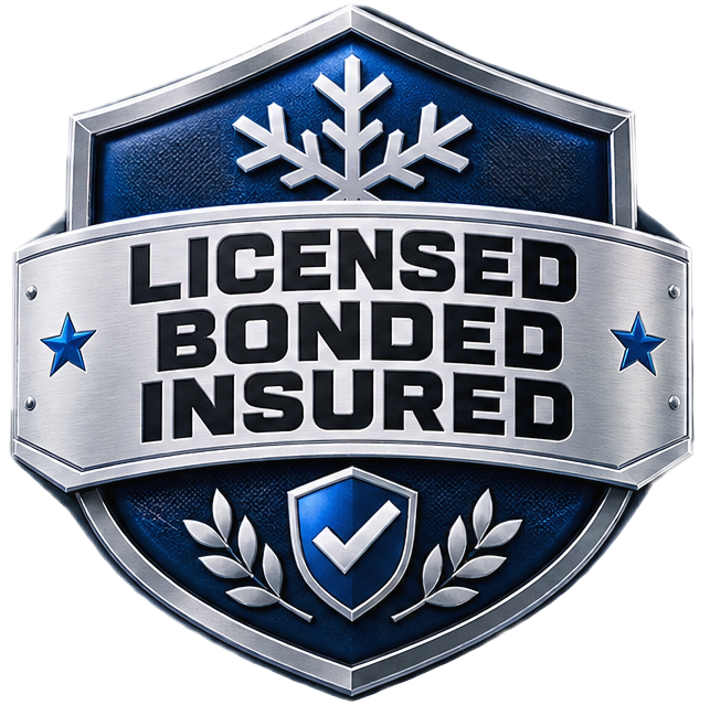 A metallic blue and silver shield featuring a snowflake, two stars, and a checkmark, symbolizing reliable winter services. The shield proudly reads Licensed Bonded Insured in bold black letters, highlighting trustworthy snow removal expertise. - Snow Removal Indianapolis