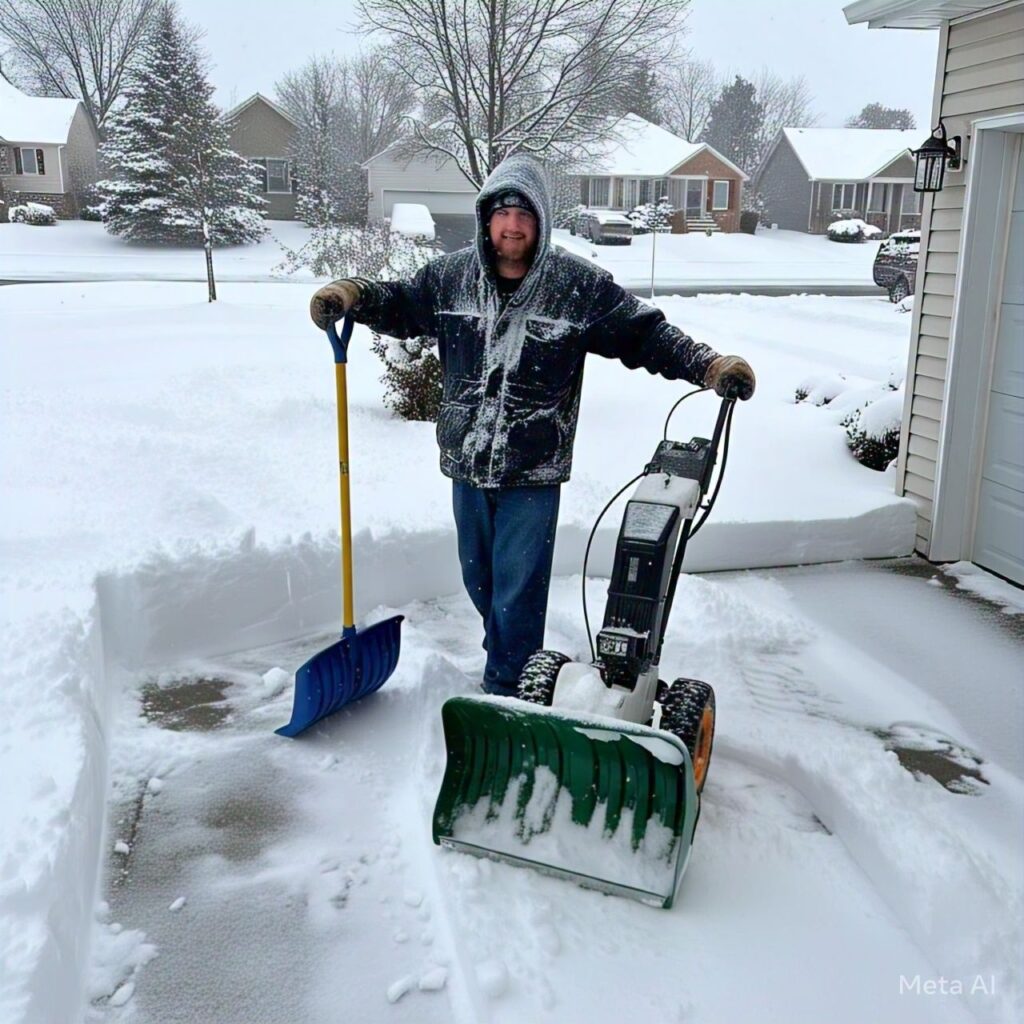 A homeowner is positioned on a snow-covered driveway equipped with a blue snow shovel and a nearby snow blower, preparing for efficient snow removal. The entire area—including ground surfaces, surrounding trees, and adjacent houses—shows significant accumulation. Proper winter attire is worn for safety and ease while clearing the property. - Snow Removal Indianapolis