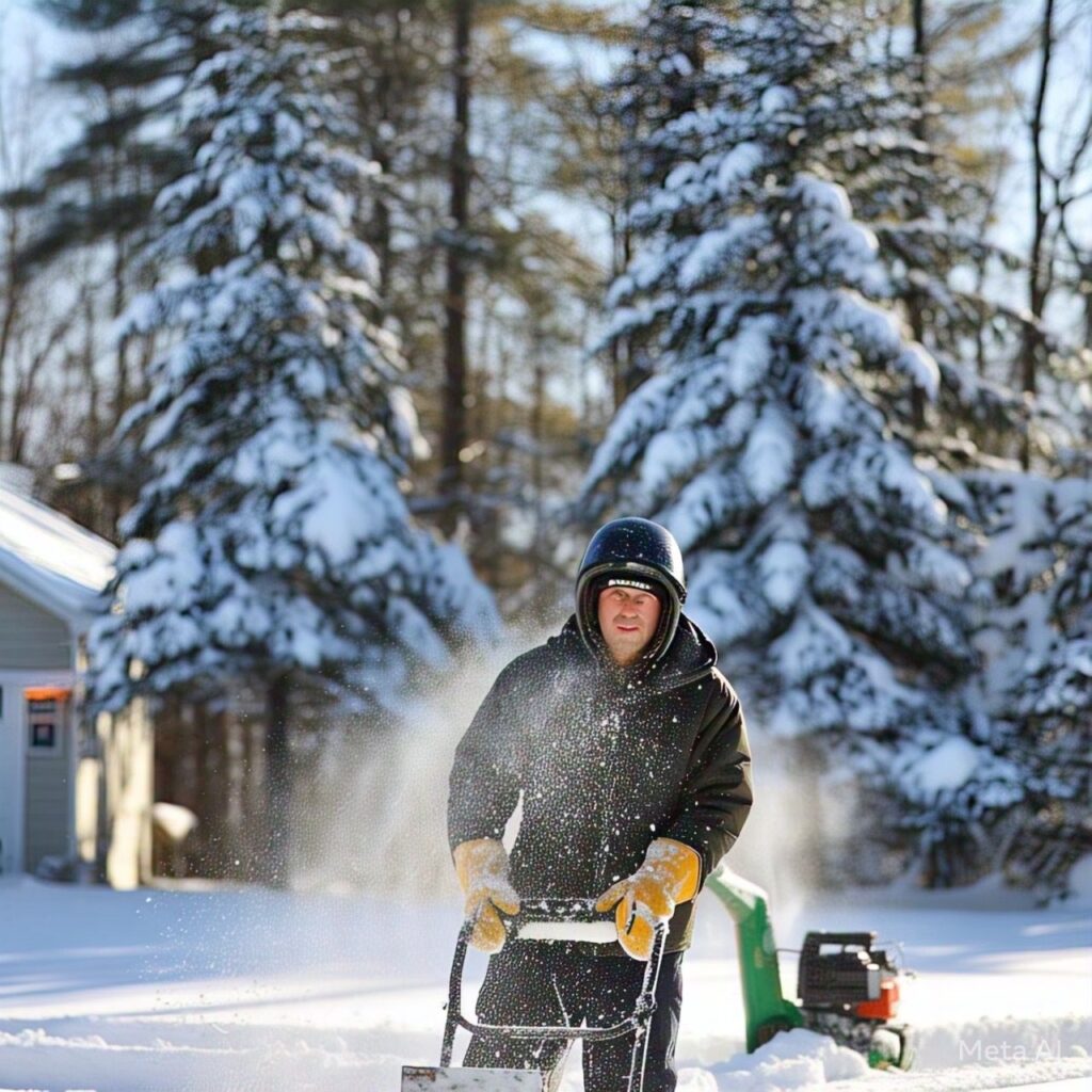 A professional, equipped with a black helmet, heavy-duty coat, and gloves, efficiently clears a snow-filled yard using a powerful snowblower. Large pine trees border the property as the snow is expertly directed off the path. - Snow Removal Indianapolis