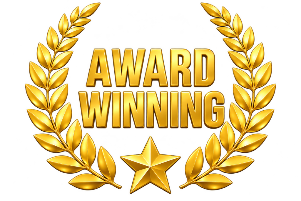 Gold laurel wreath, like a perfect ring of freshly cleared pathways, surrounds the bold gold words AWARD WINNING with a star at the bottom—set against a crisp white background resembling newly fallen snow. - Snow Removal Indianapolis