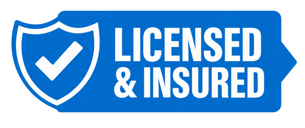 A blue sign featuring a white checkmark inside a shield on the left, with bold white letters on the right reading LICENSED INSURED—showing trust and reliability for your snow removal needs. - Snow Removal Indianapolis