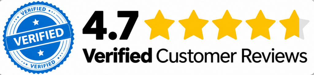 A blue verified badge, bold 4.7 rating beside five bright yellow stars, and strong text reading Verified Customer Reviews all displayed clearly on a white background—showing our snow removal service moves more than just snow, we move customer satisfaction. - Snow Removal Indianapolis