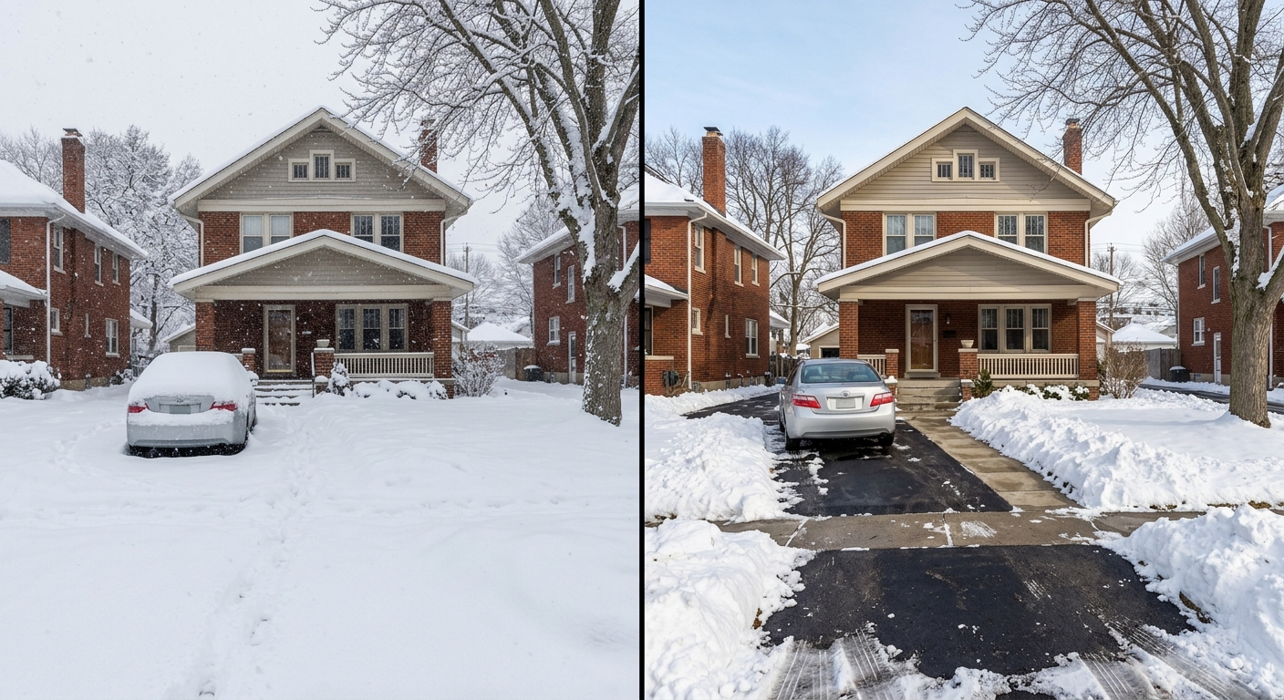 Split image highlighting professional snow removal results on a brick house in winter; left side illustrates an untreated driveway and yard fully covered in snow, while the right side demonstrates expert service with the driveway, walkway, and car cleared of snow, leaving only the lawn and trees still snow-covered. - Snow Removal Indianapolis