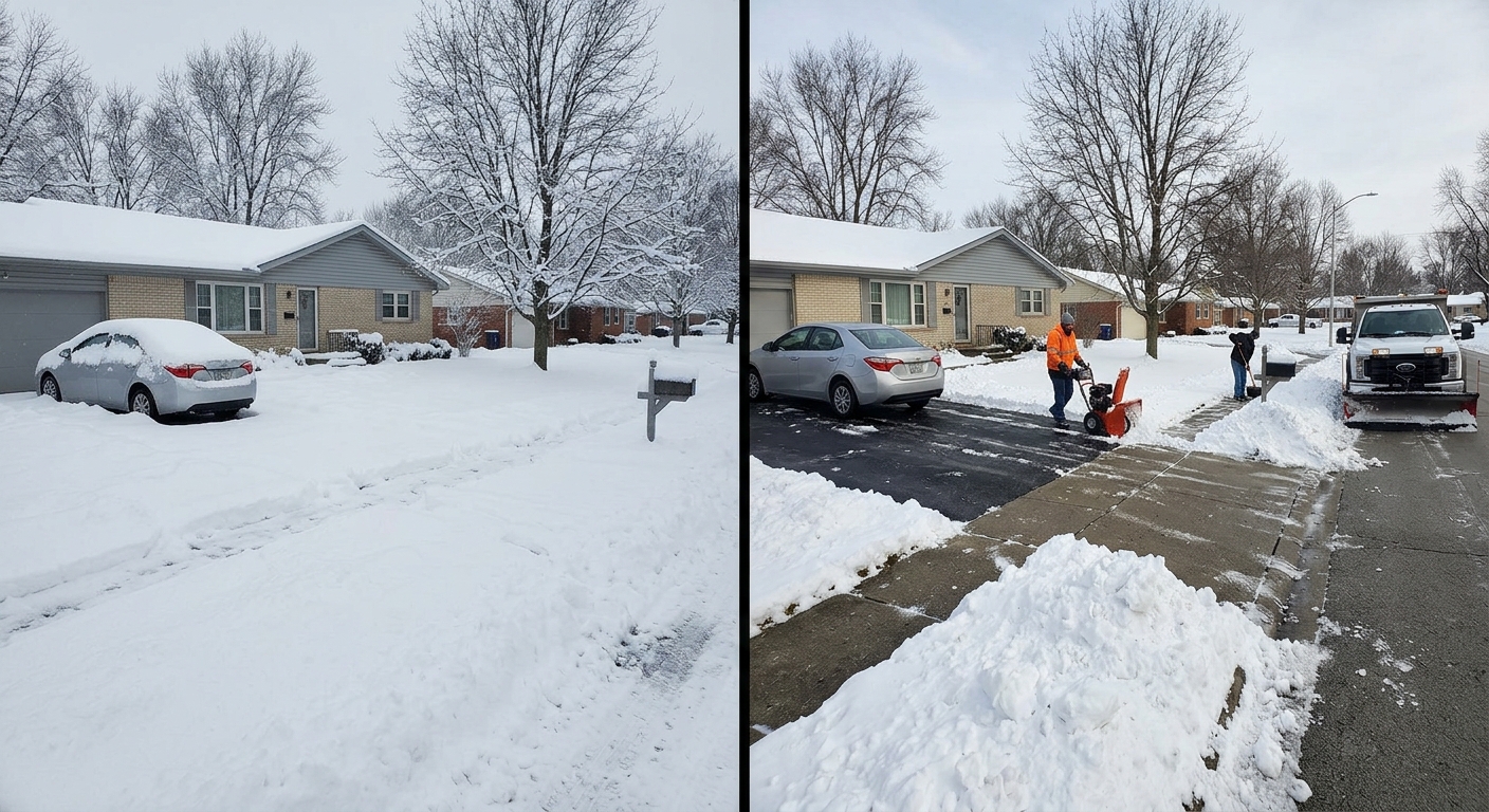 Before-and-after photos highlight our professional snow removal service at a suburban home. The left image features a driveway untouched by snow removal, while the right showcases our team and equipment—a truck and snow blowers—working efficiently to clear both the driveway and sidewalk. - Snow Removal Indianapolis