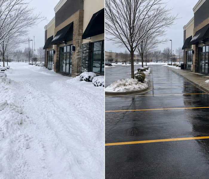 Before-and-after split image of a commercial sidewalk and parking lot. Left side shows heavy snow accumulation waiting for removal; right side highlights our completed service, with all snow cleared and the pavement left safely wet and accessible. Bare trees and overcast skies set the winter scene in both photos. - Snow Removal Indianapolis