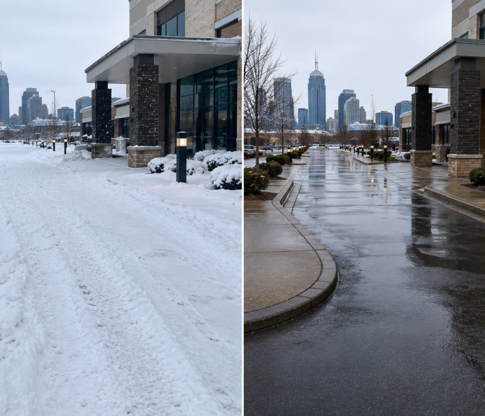 Before-and-after images display a city sidewalk bordered by buildings and lampposts; the left image highlights the area covered in snow prior to removal, while the right image showcases our completed work with all snow cleared away, revealing wet but accessible pavement. - Snow Removal Indianapolis